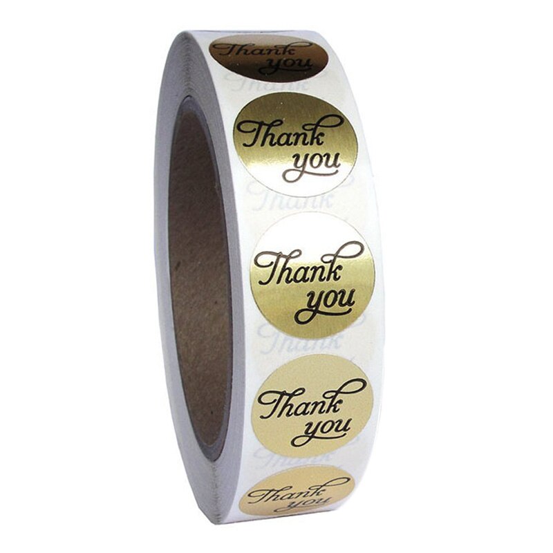 1 Inch Round Gold Foil Thank You Sticker Labels In Script/Calligraphy Print, 500 Labels Per Roll