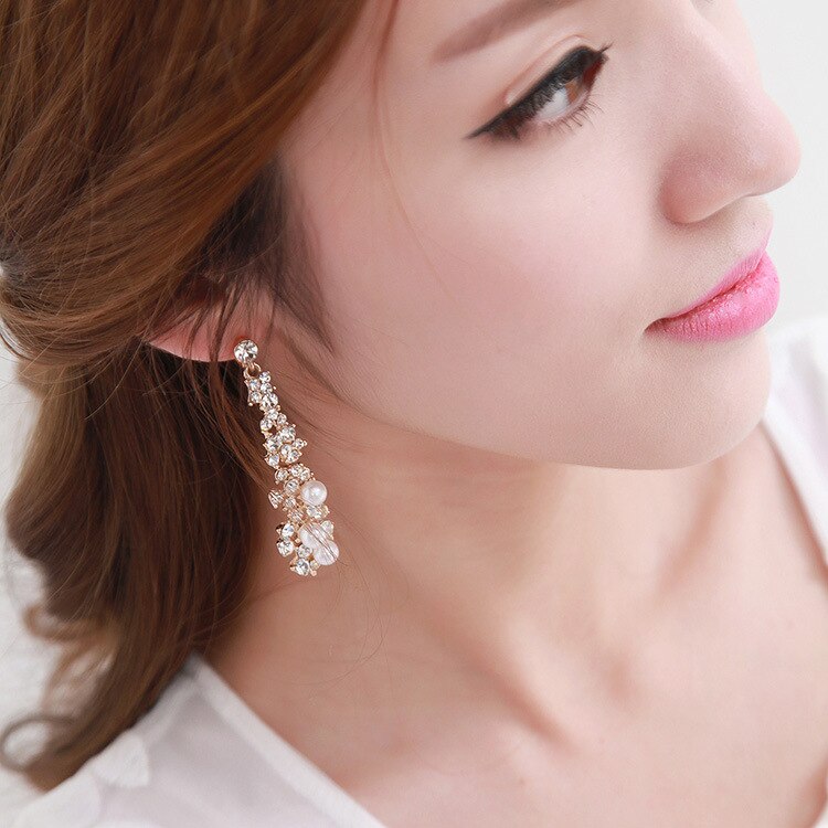 Bruid Bruiloft Sieraden Luxe Full Strass Kristal Clip Op Oorbellen Lange Gesimuleerde Pearl Earring Zonder Doorboord Oor Clip