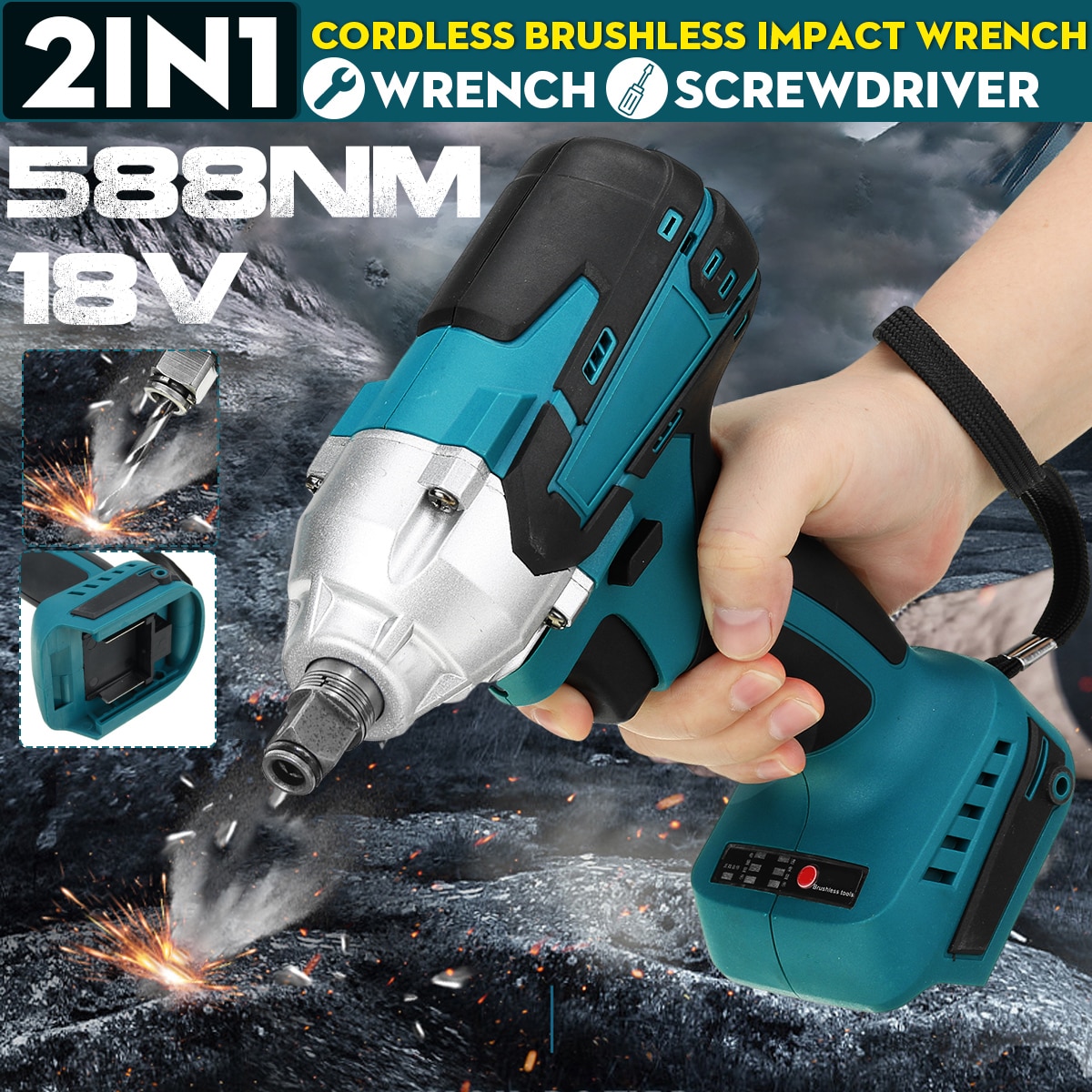 2-in-1 Electric Brushless Impact Wrench 18V 588 Nm screwdriver 1/2 Socket Wrench Drill Driver Power Tool For Makita Battery