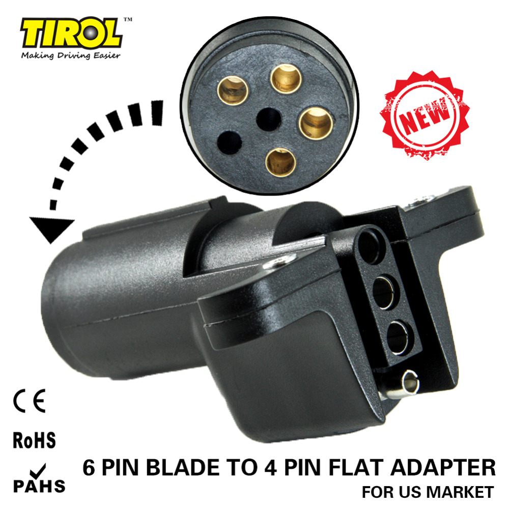TIROL 6 Way Round Pin to 4 Way Flat Trailer Wiring Adapter Trailer Light Plug Connector RV Boat