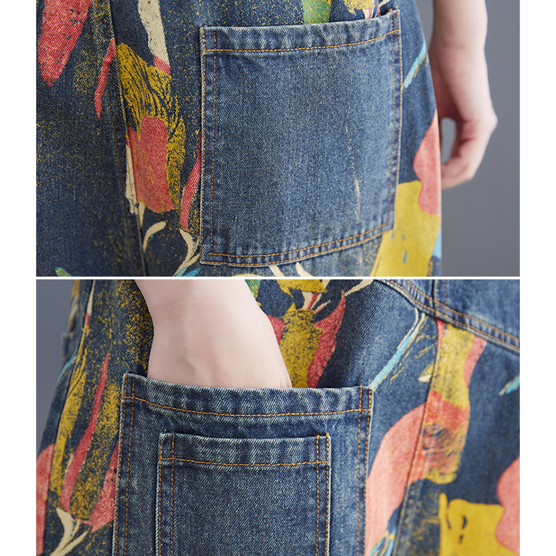 Streetwear patchwork print denim jumpsuits kvinder løse vide ben dungarees baggy bukser sparkedragter forår sommer jeans overalls