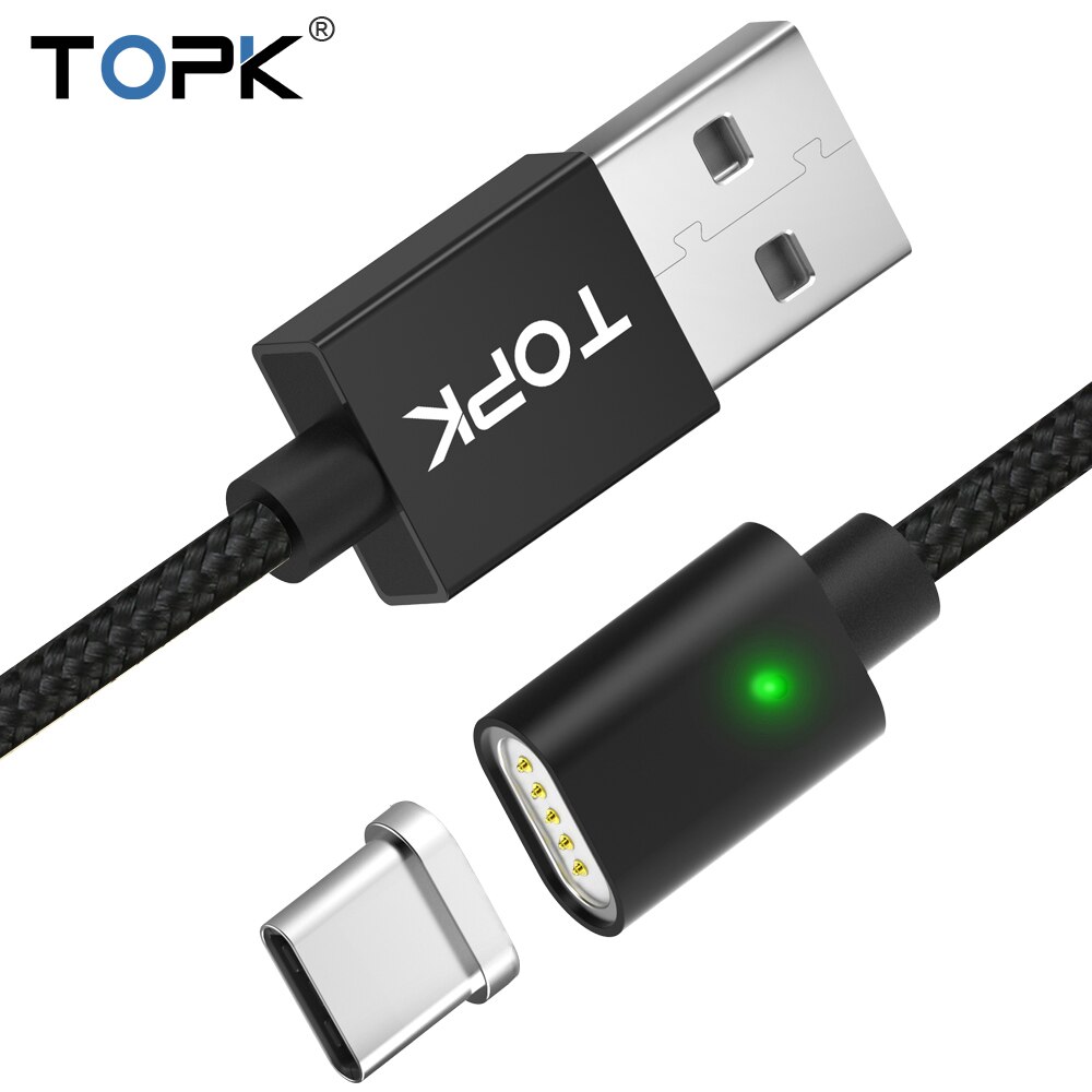 TOPK F-Line Magnetic USB Type C Cable 5V 2.4A Nylon Braided LED Indicator USB C Magnet Charger Cable for USB Type-C Phones