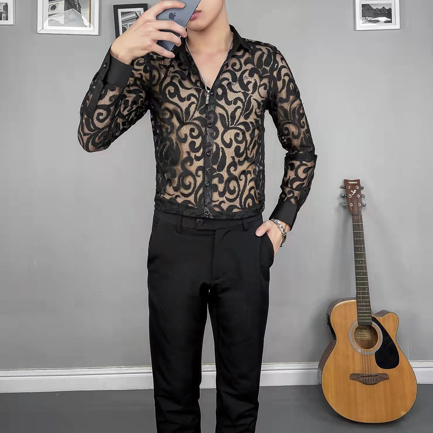 Clear Transparent Men Shirt Black White Long Sleeve Lace Mesh Wear Chic Stylish Male Summer Top Clothing