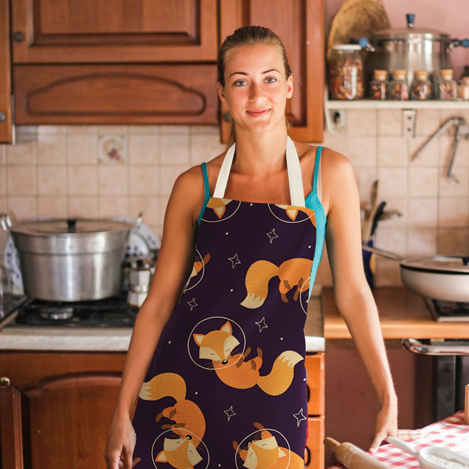 1Pcs Kitchen Cooking Apron Kitchen Lovely Cartoons Printed Home Sleeveless Cotton Linen Aprons for Men Women Baking Accessories: B