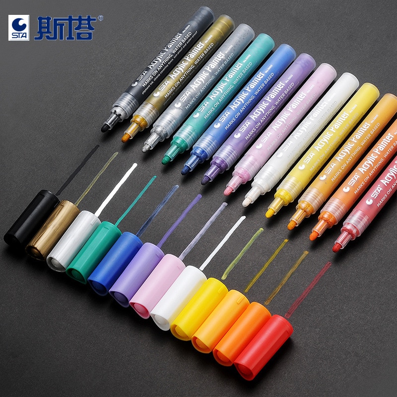 STA 1Pc 2mm Acrylic Paint Marker pen Detailed Marking Color Paint Pens for Ceramic Rock Glass Porcelain Mug Wood Fabric Canvas