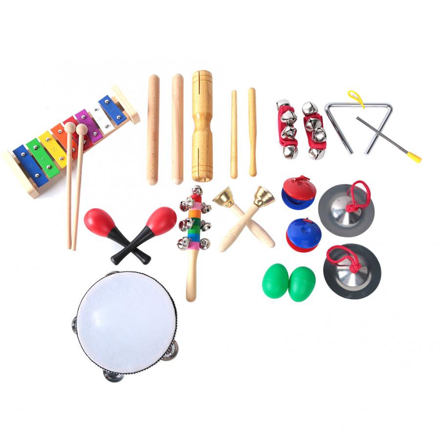 13 pièces enfants musique ensemble d'instruments tambourin + poignet cloche + Gong en métal + cloche + Tube en bois + Xylophone Ect Orff Kit de Percussion