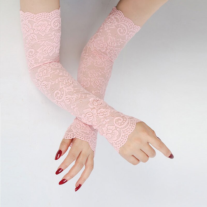 Gants de conduite pour protection solaire d'été, manches poignet, mitaines, manches couvertes, élastiques, en dentelle, manches longues sans doigts: Rose