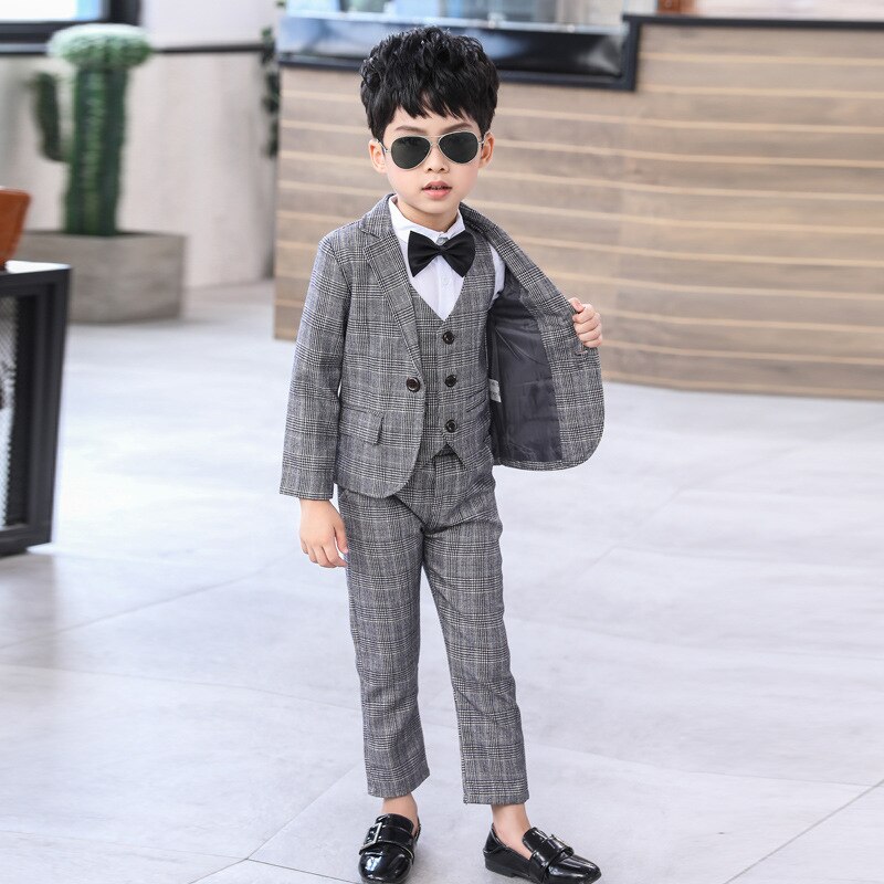 Formal Boy Plaid Gray Suit Set Children's Wedding Party Performance Costume Kids Tuxedo Vest Shirts Pants Clothing Set