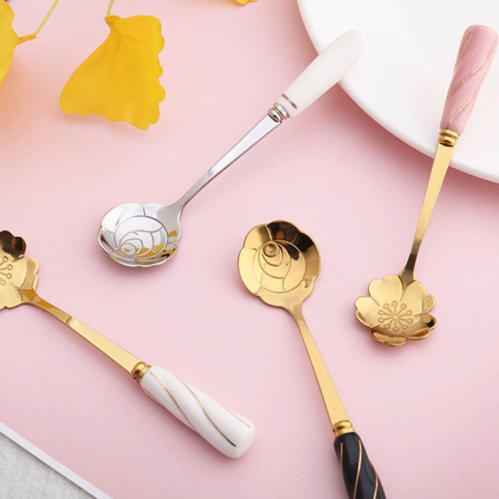 Flower Spoon Ceramic Handle Stainless Steel Tea Coffee Spoon Teaspoons Coffee Stirrers Mixing Spoon Drink Tablewar