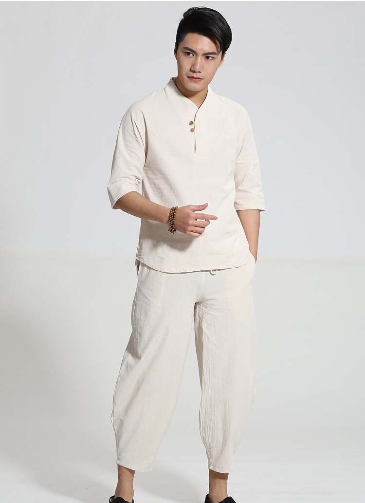 Stijl chinese mannen kungfu pak tai chi pak katoenen linnen overhemd & losse harembroek marineblauw ml xl xxl xxxl  m050