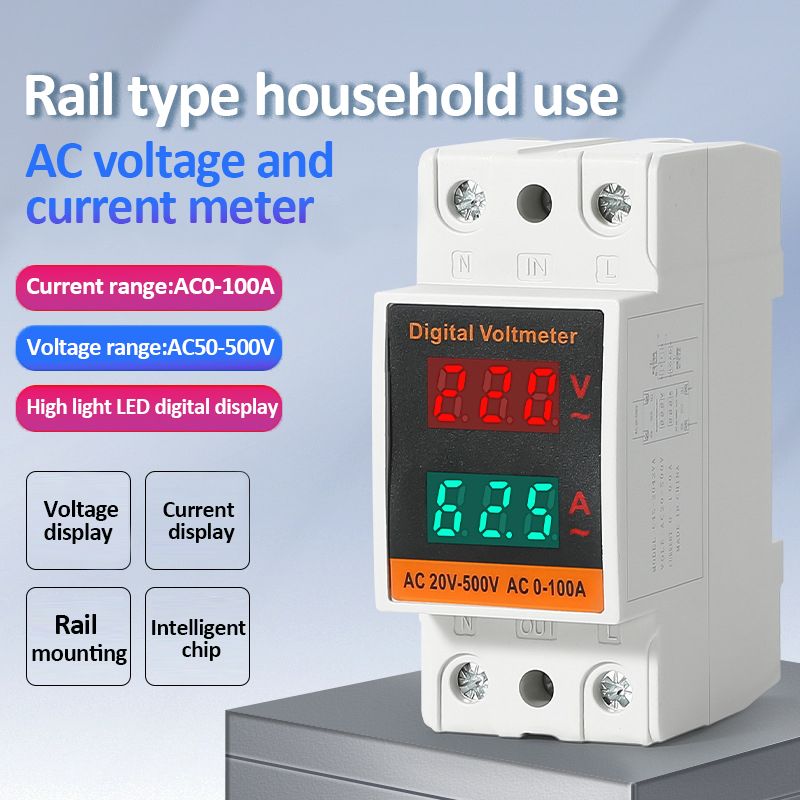 AC Voltmeter Ampèremeter AC50-500V 0-99.9A AC Stroom- en Spanningsmeter Din Rail Dual Display Digitale Elektriciteitsmeter Energiemeter