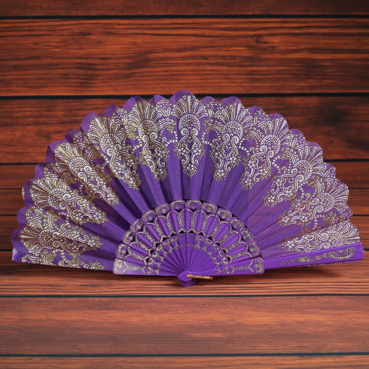 Chinese Vintage Bamboe Vouwen Fan Hand Held Bloemenprint Fan Dance Party Pocket 7 Kleuren: purple