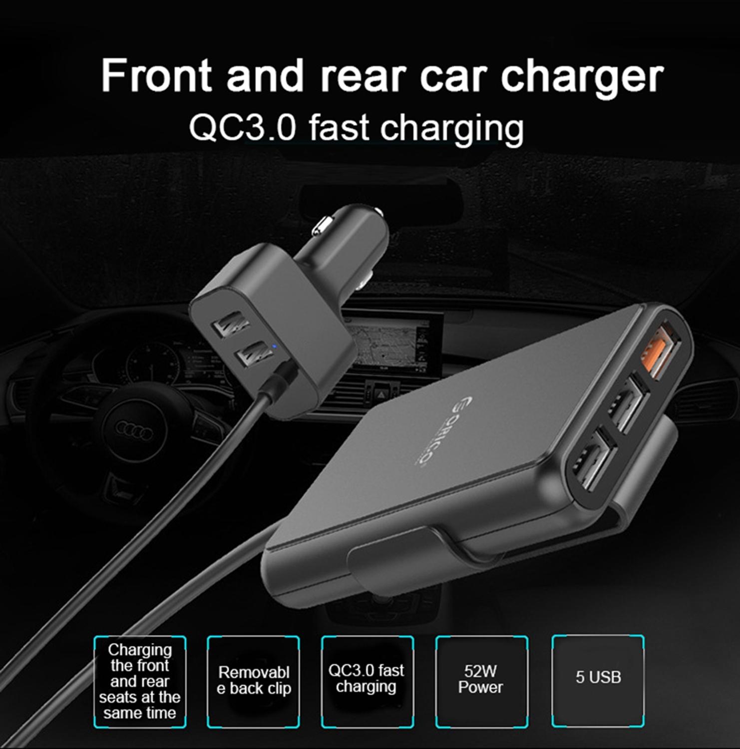 Extensor de mechero de coche, cargador de carga rápida QC 3,0 de 12V-24V, 5 puertos USB, adaptador de enchufe frontal y trasero, enchufe de carga para vehículo