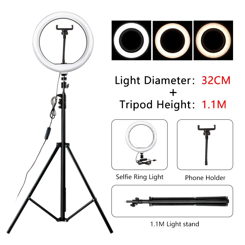 Selfie Ring Lamp Led Ring Light Selfie For Ring Phone Photography Lighting Camera Tripod Kit Photo Equipment Para Air Black: 32cm with tripod