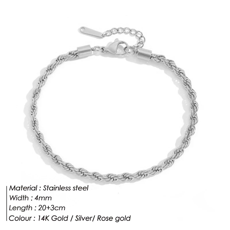 JUJIE 4MM 316L Stainless Steel Twisted Rope Chain Anklets For Women Foot Bracelet Ankle Jewelry