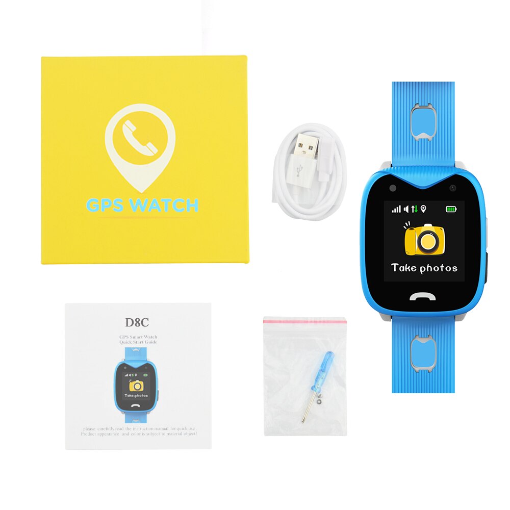 D8 smart vandtæt ur gps wifi lbs smartwatches babyur sos call location børn smartwatch til børn: Blå med kasse