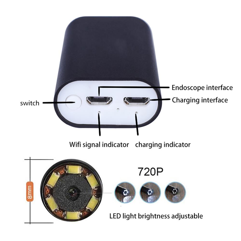 Caméra d'endoscope WiFi sans fil IP67, HD 720P, serpent avec 6 LED pour connexion de téléphone portable