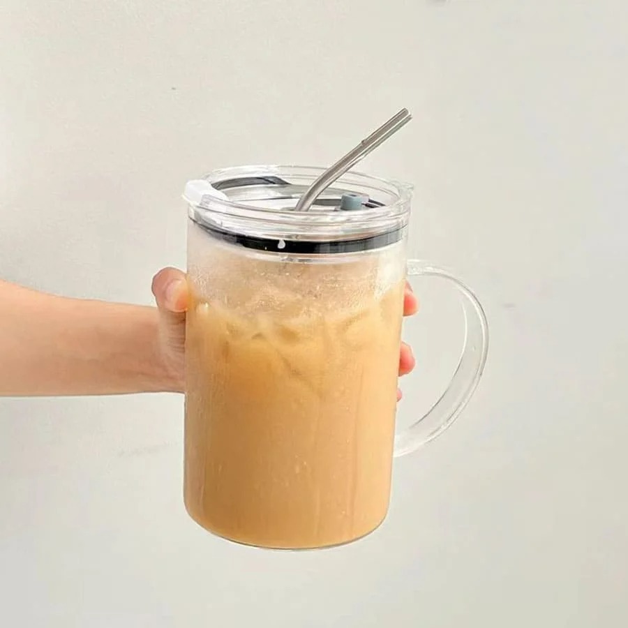 1000ML Trinkglas Becher Mit Deckel Und Stroh Glas Kaffee Tasse Glas Becher Milch Saft Tasse transparent Tasse Saft mokka Tassen