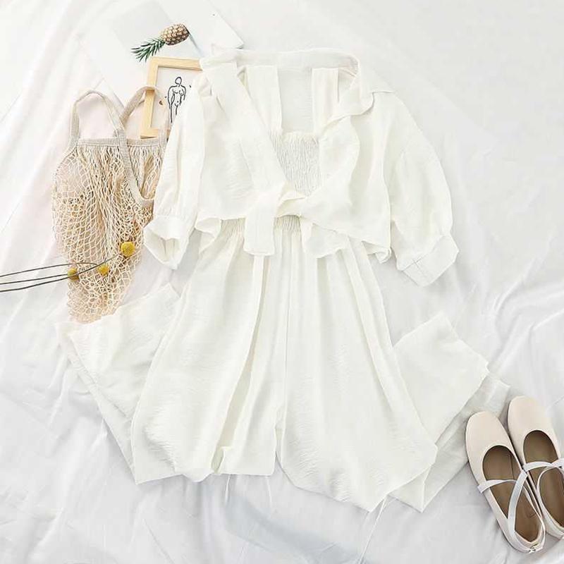 FTLZZ Summer Two Pieces Set Women Loose Short Sunscreen Jacket + Suspending Rompers Clothing Female Casual Holidays Suit: White