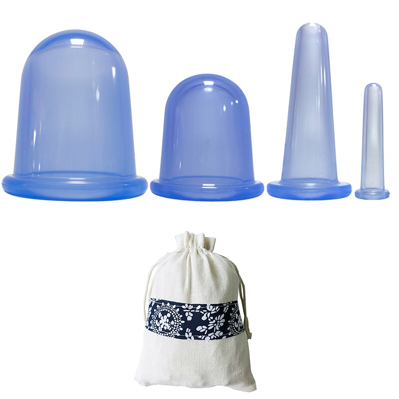 4Pcs Pot Siliconen Vacuüm Cupping Blikjes Voor Massage Ventouse Anti Cellulite Zuignappen Gezicht Lichaam Pijn Massage Masajeador: 4PCS Blue with bag