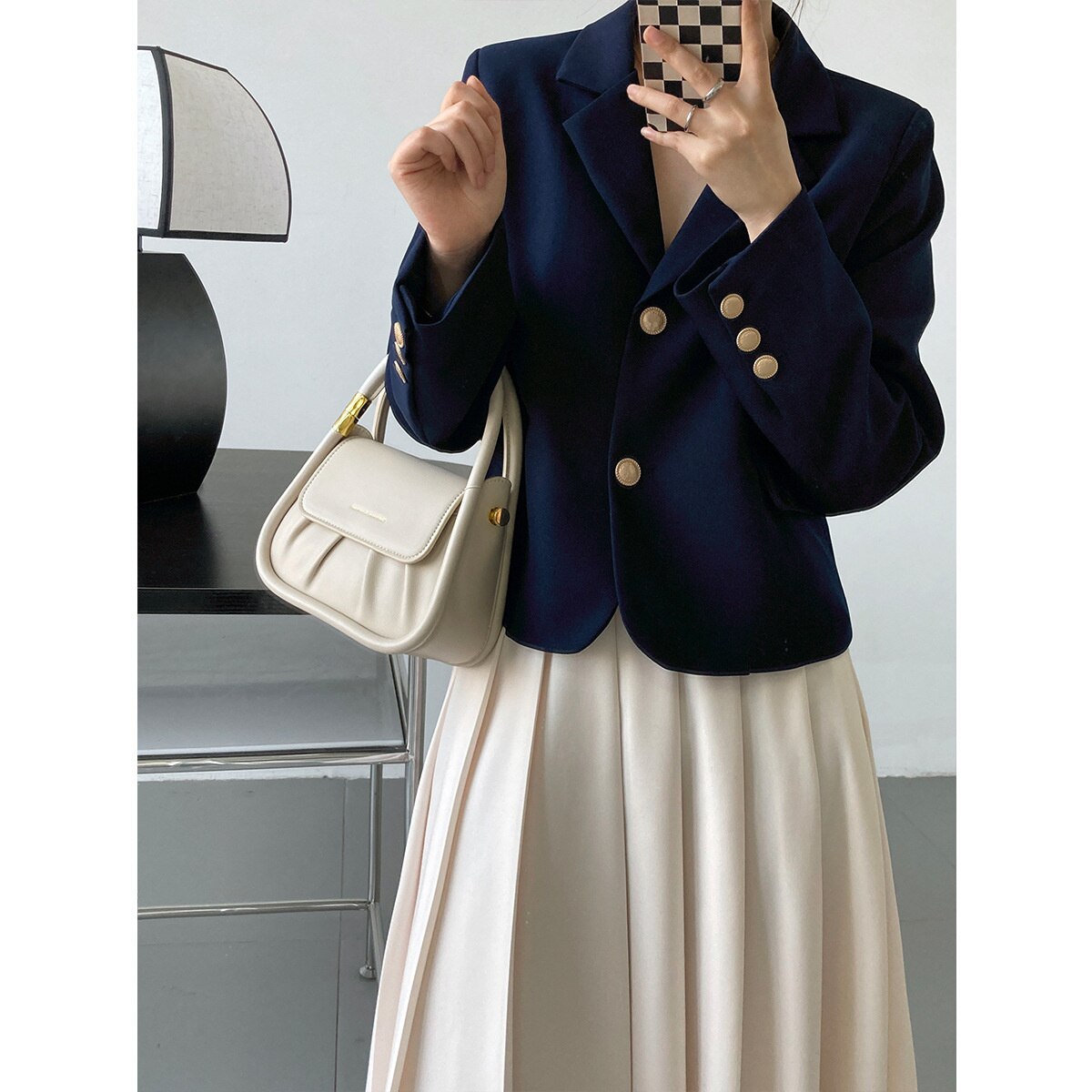 Solid Gold Button Detailed Lapel Button Up Crop Blazer Blue / Khaki Spring Women Short Jacket
