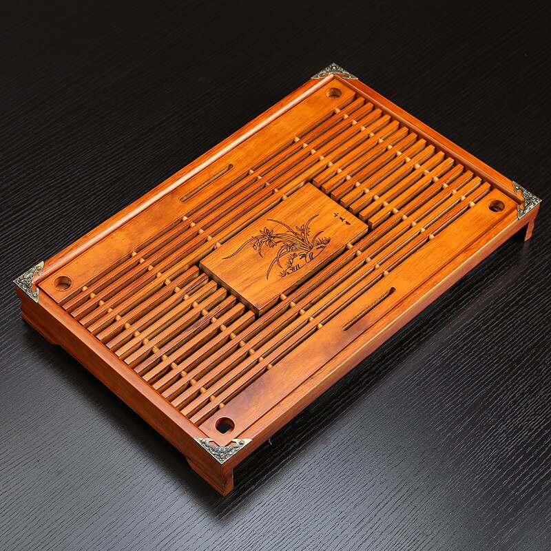 Bandeja de chá de madeira maciça conjunto de chá kungfu gaveta de drenagem de água chinesa bandeja de chá 43x27x5.5cm: Yellow orichid