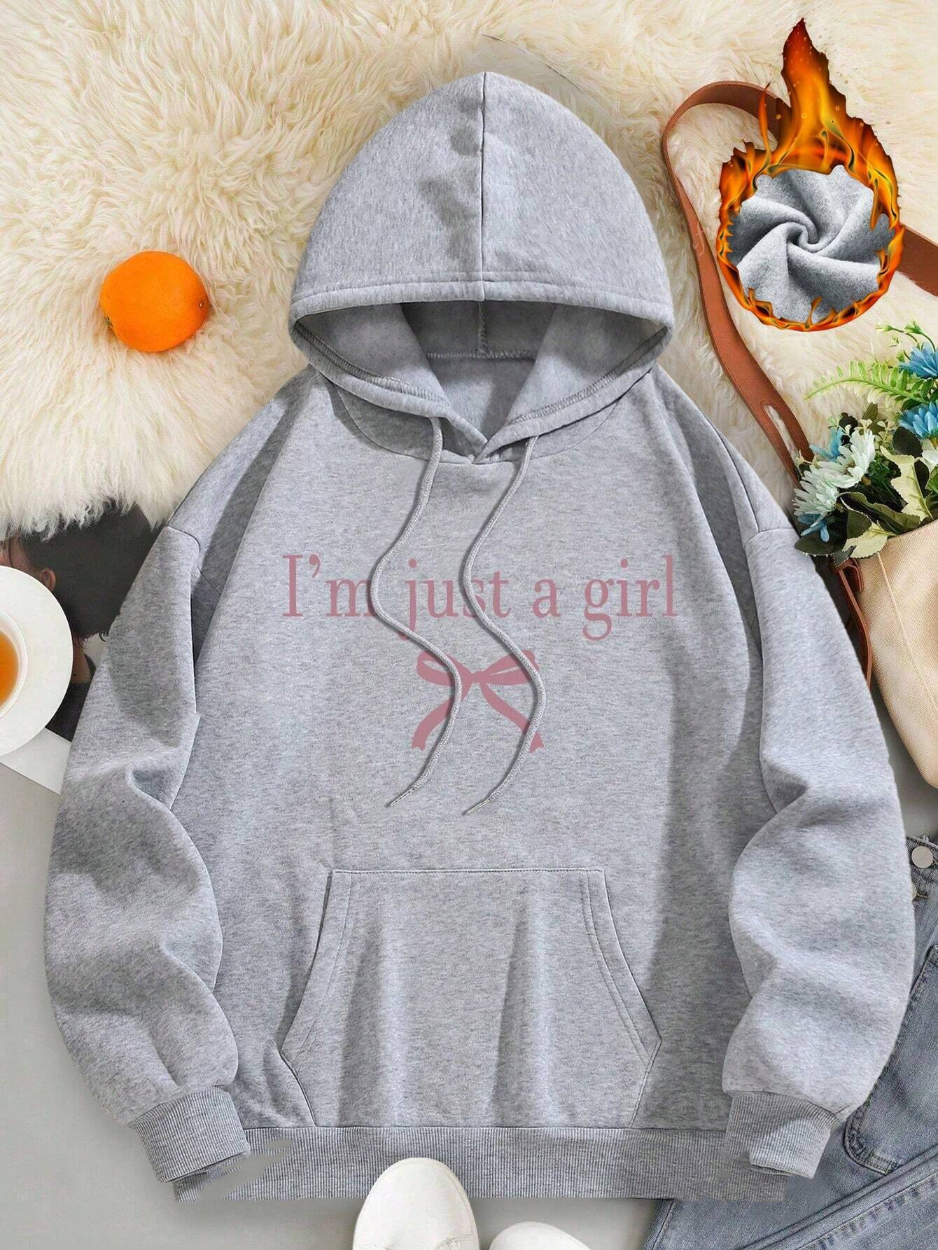 Sweat à capuche imprimé simple I'm Just A Girl pour femme, haut à col rond vintage, sweat à capuche confortable, vêtements Harajuku, sourire, , automne