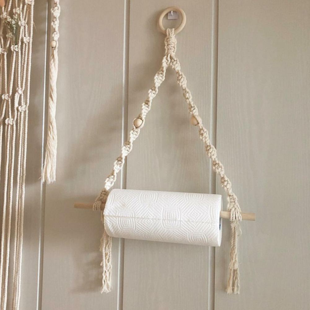 Boho Paper Towel Holder Multifunctional Wood Cotton Rope Towel Storage Rack Paper Towel Hanging for Kitchen Bathroom Wall Decor