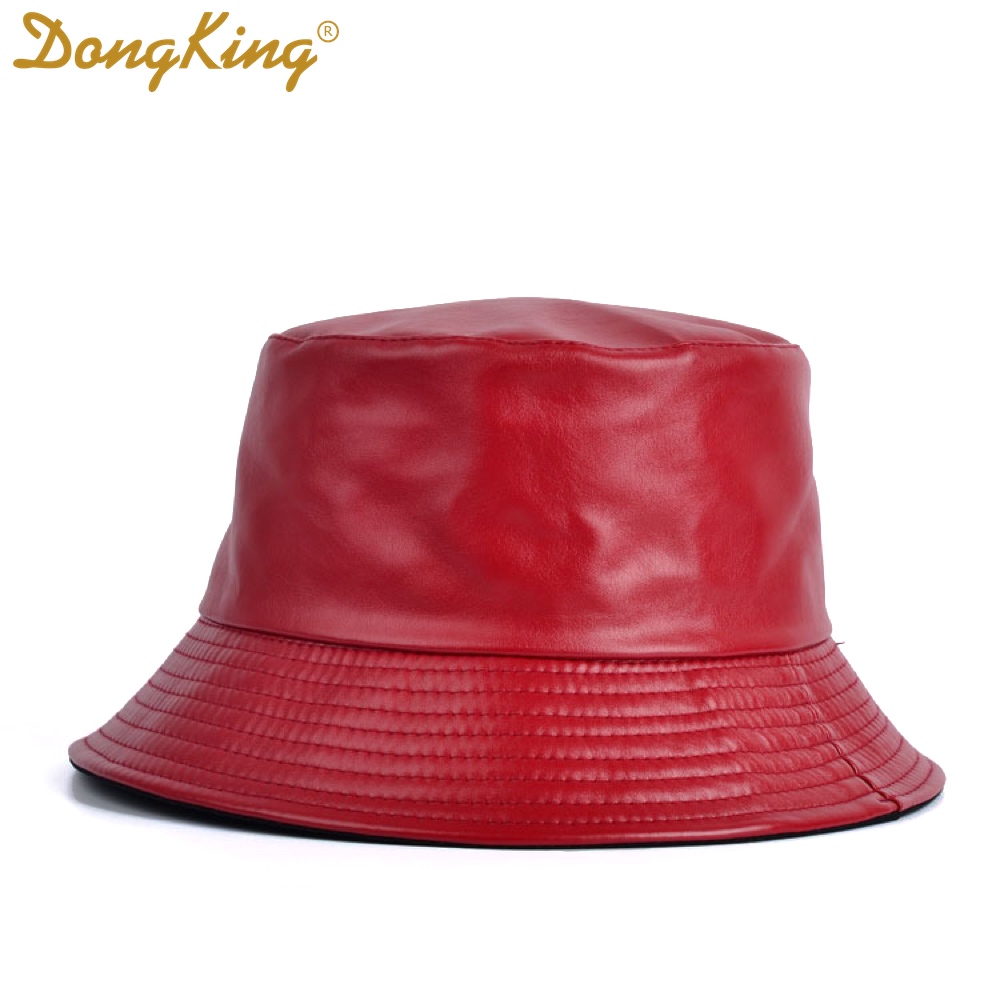 Dongking spand hatte kunstlæder spand hat hat dobbeltsidet hat pu & bomuld solid top damer spand kasket panama fisker kasket: Rød