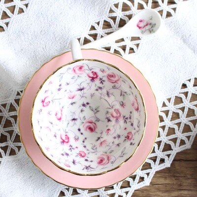 Juego de taza y platillo de café de cerámica, cuchara y platillo, té de la tarde, vajilla de porcelana china, tazas y platillos de té negro, decoración de cocina: Rosa