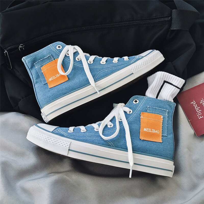 Siergan heren high-top canvas schoenen heren lente herfst top sneakers veterschoenen hoge stijl effen kleuren heren blauwe schoenen: Hemelsblauw / 9.5