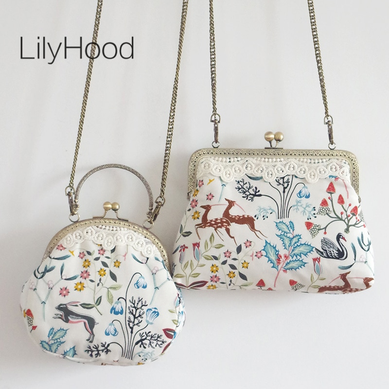 LilyHood fait à la main femmes dessin animé impression petit sac à bandoulière femme dentelle Vintage mignon Chic tissu téléphone portable chaîne sac à bandoulière