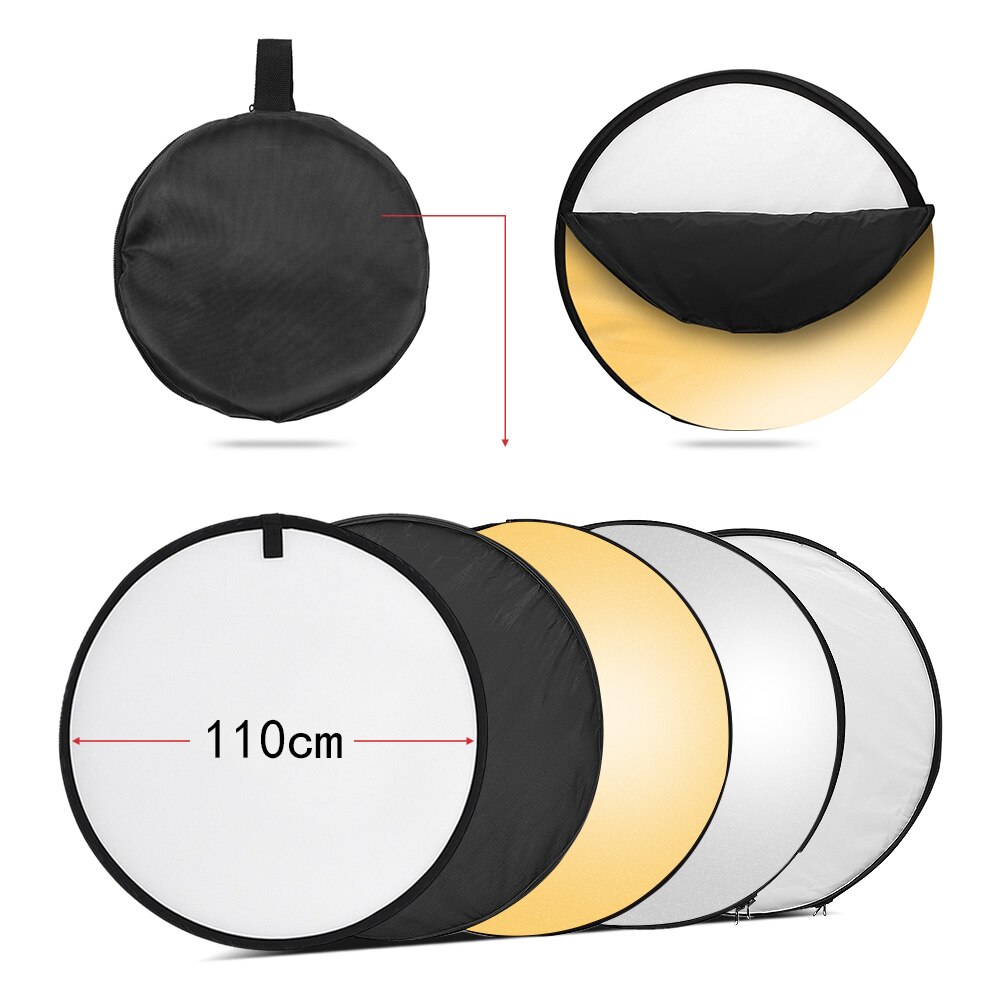 110cm/43 Inch Photography Light Reflector 5-in-1(Translucent/Silver/Gold/White/Black) Collapsible Studio Outdoor with Carry Bag