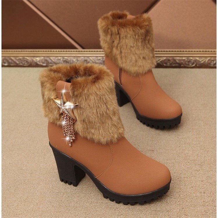 Bont Hoge Hakken Vrouwen Winter Snowboots Warme Hoge hakken Dames Martin Laarzen Rits Rubber vrouwen Winter laarzen