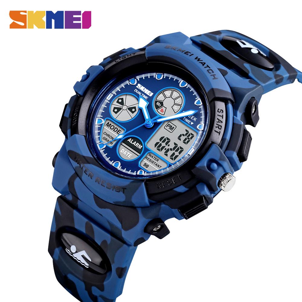 Skmei Dual Display Kinderen Horloge Led Digitale Horloge Pu Sport Shockproof 50M Waterdicht Alarm Sport Jongens Meisjes Kids klokken: Dark Blue Camouflage