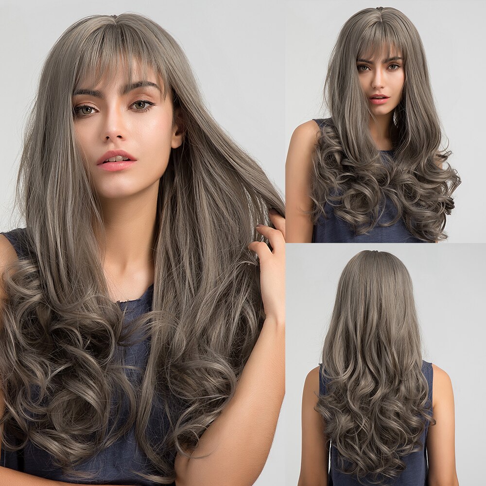 Peluca rubia larga de color marrón con ondas naturales sintéticas y flequillo para fiestas o uso diario: lc119-1