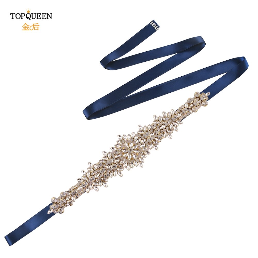 TOPQUEEN-cinturones para vestidos de novia de talla grande S319-G, cinturones dorados para mujer, cinturón de diamantes de imitación, cinta de lujo para novia, faja de boda: Navy Blue ribbon