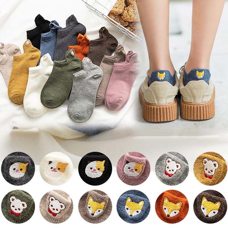 Kawaii Bestickt Katze fuchs Frauen Socken Glücklich Knöchel Lustige Socken Frauen Baumwolle Sommer 1 Paar Süssigkeit Farbe
