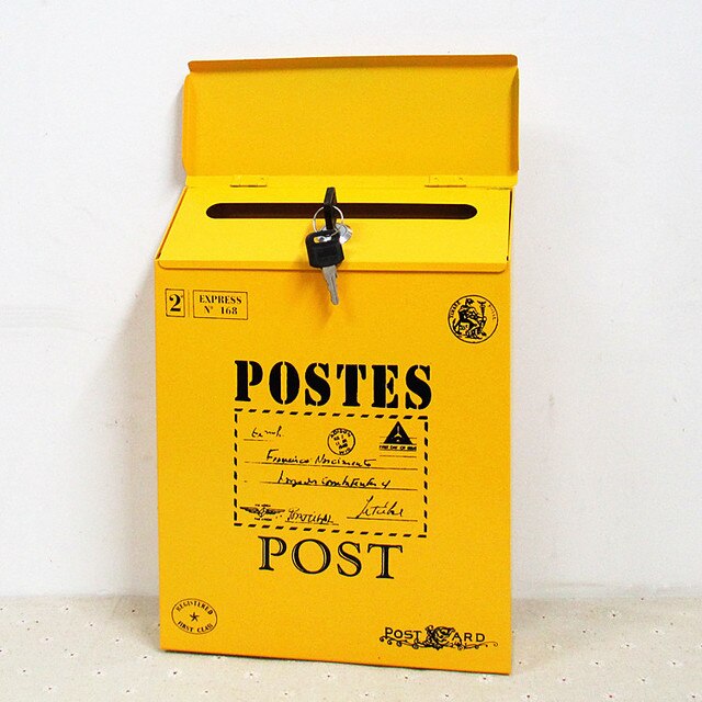 European style iron sheet with lock mailbox American style mailbox suggestion box hanging wall rural style letter box: Yellow 1