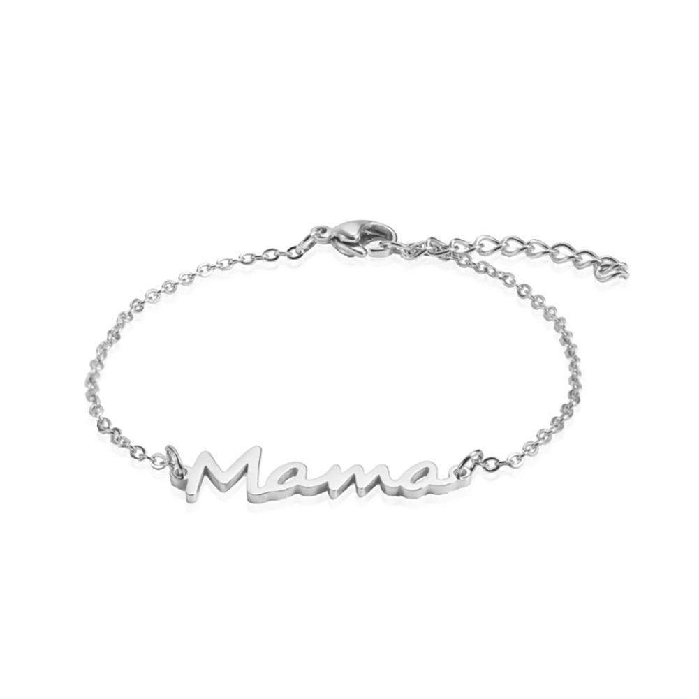 Skyrim-pulsera con dije de letra mamá para hombre y mujer, pulseras de cadena de cuentas de doble capa de acero inoxidable, joyería de , para el día de la madre: Latón Plateado