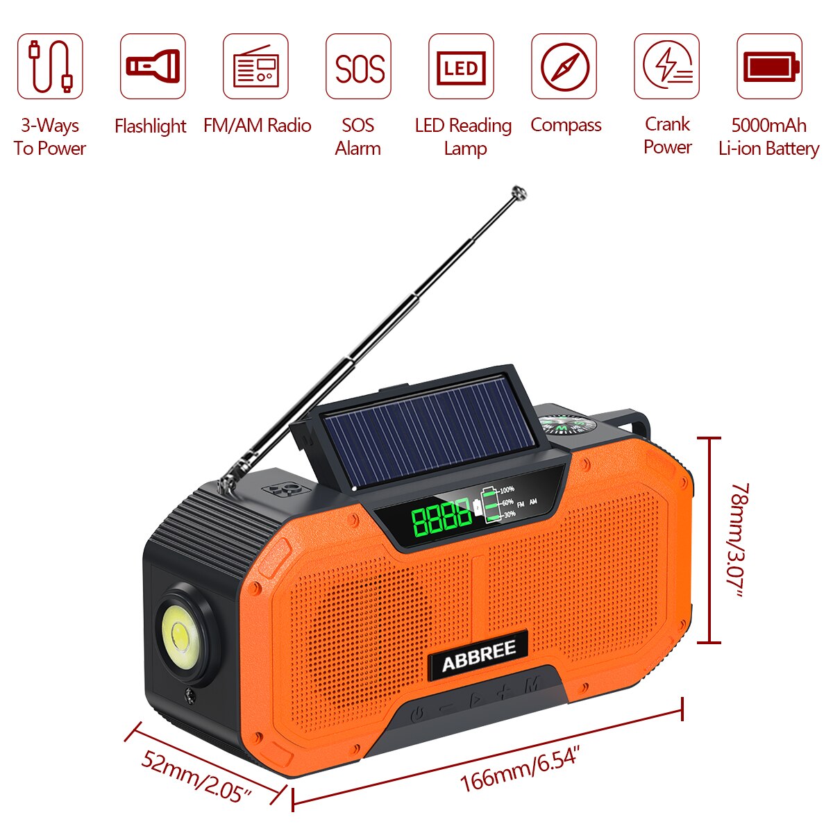 ABBREE IPX5 Waterproof Auto Scan Emergency Radio Solar Hand Crank Portable AM/FM radio 2000mAh/5000mAh with Flashlight