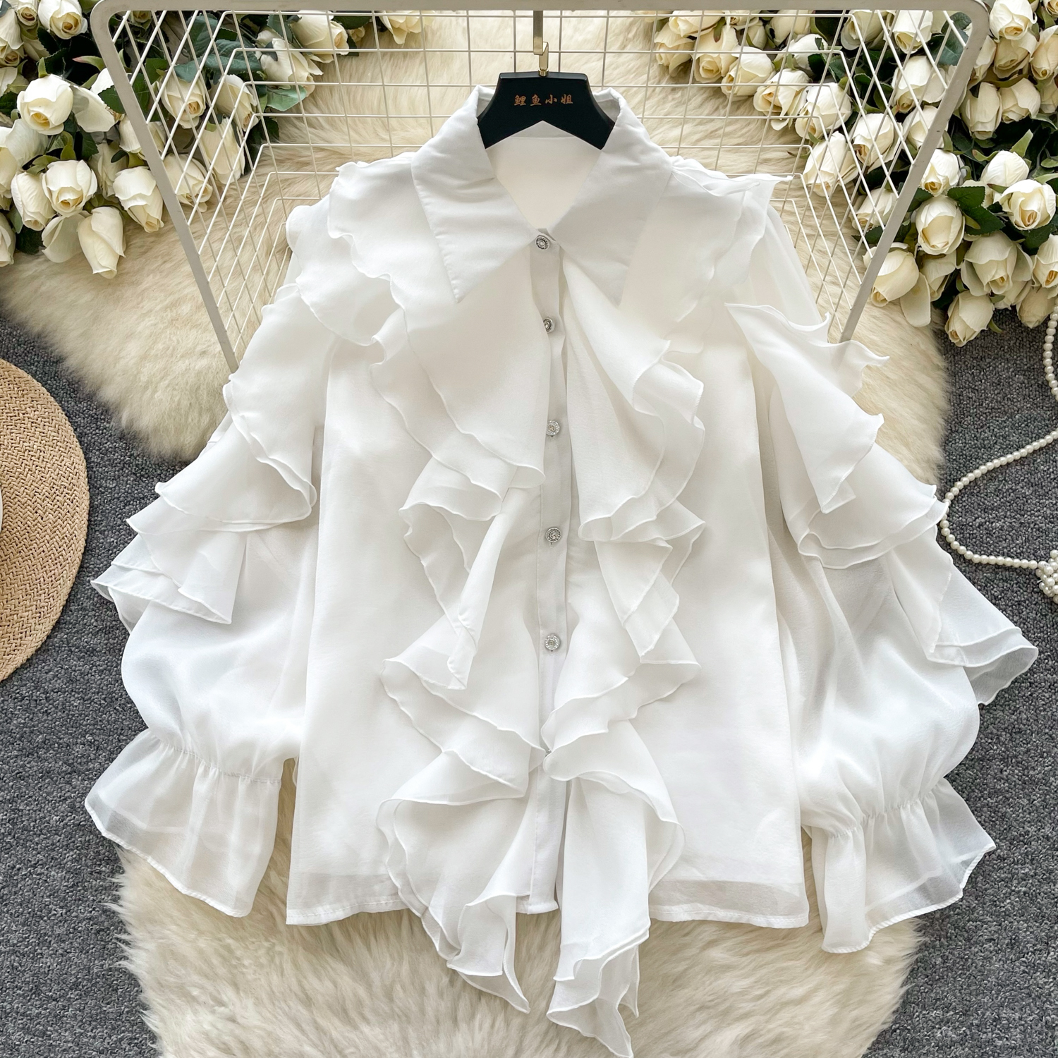 Elegant sateng tredimensjonal puff langermet plissert bluse slank sexy hotsweet skjorte kvinner streetwear koreansk  y2k: Hvit