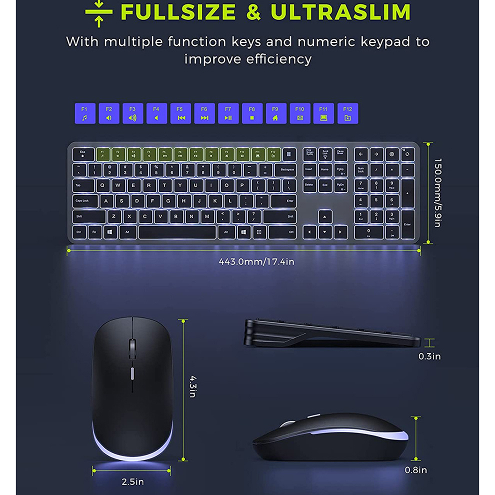 Kabellose Tastatur mit Hintergrundbeleuchtung, 2,4 G USB, leise kabellose Tastatur mit Hintergrundbeleuchtung, wiederaufladbares, schlankes Tastatur- und Mausset in voller Größe