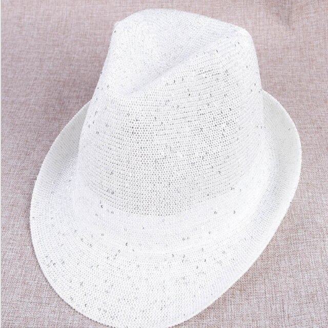 Lato siatkowany, z cekinami brokat jazzowy kapelusz dzianiny lekki oddychający kapelusz na plażę fedora moda taniec uliczny kapelusz: biały