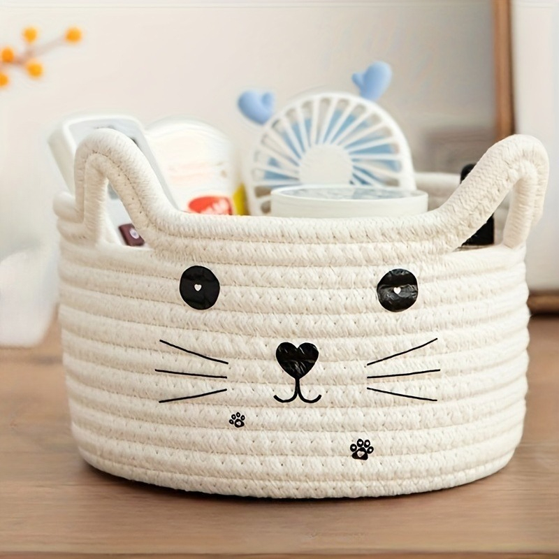 Kat Gezicht Geweven Katoenen Opbergmand Speelgoed Kleding Tijdschriften Dierbenodigdheden Organisator Opslag Woonkamer Slaapkamer Huis Organisatie: WIT
