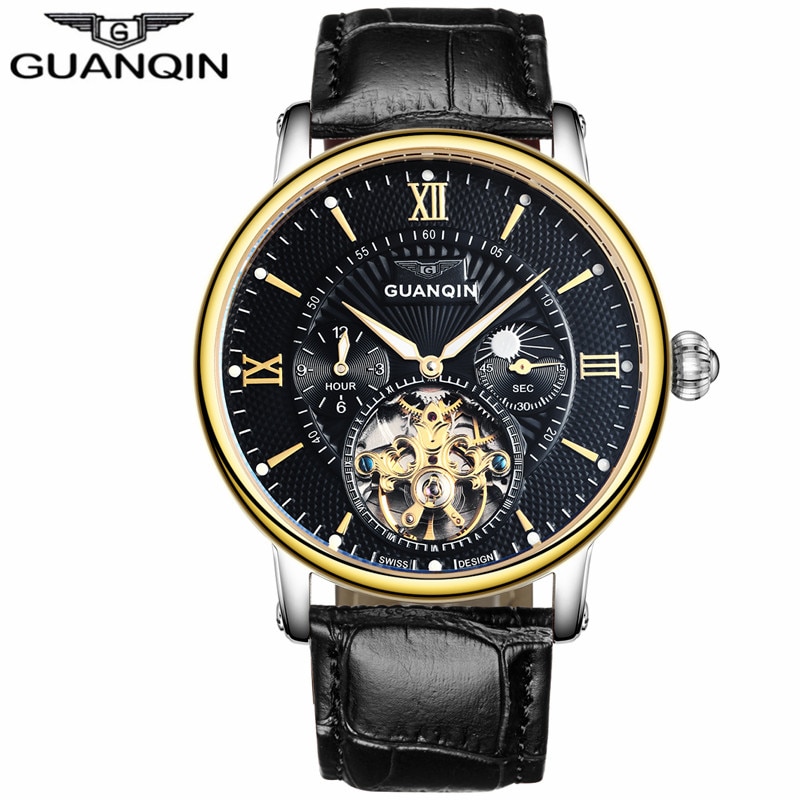 GUANQIN Luxe Top Tourbillon Skeleton Horloge Mannen Mode Casual Lederen Automatische Mechanische Horloge Relogio Masculino: Black Gold Black