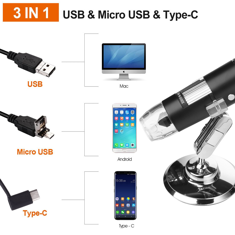 Microscopio Digital USB de 40X a 1000X 1600x Bysameyee, endoscopio con 8 LED de aumento, cámara con Estuche de transporte y soporte de Metal