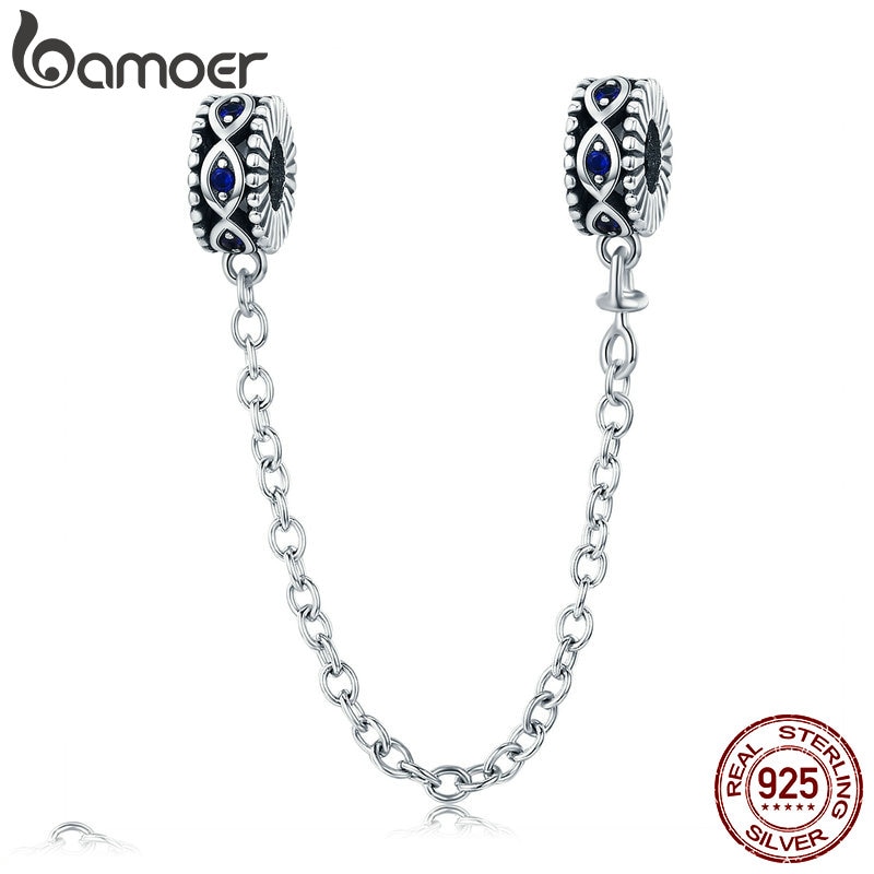 BAMOER 100% 925 Sterling Silver Guardian Blue Eyes Blue CZ Safety Chain Stopper Charm fit Bracelet Bangles DIY Jewelry SCC617