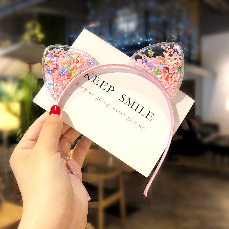 Diadema con orejas de gato y corona de lentejuelas brillante colorido para niña, accesorios para el cabello