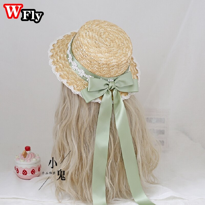 Harajuku Vrouwen Meisjes Zomer Strooien Hoed Strand Zonnehoed Handgemaakte Zoete Lolita Cosplay Lace Strik Stro Hoeden Versieren